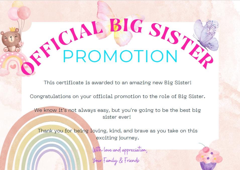 Big Sister - Certificate - Promotion - Celebration - Printable - Parent and grandparent resource - Magic Fairy Post