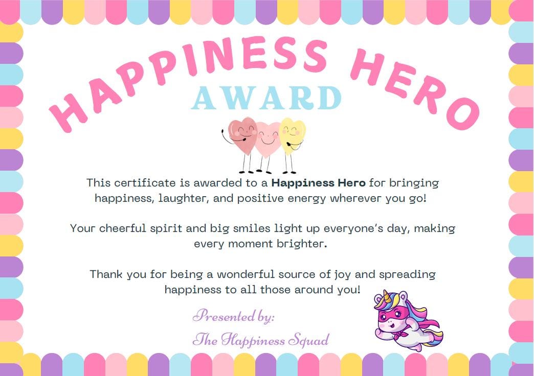 Certificate Happiness Reward for bringing a smile - teachers parents recognition - award - Magic Fairy Post