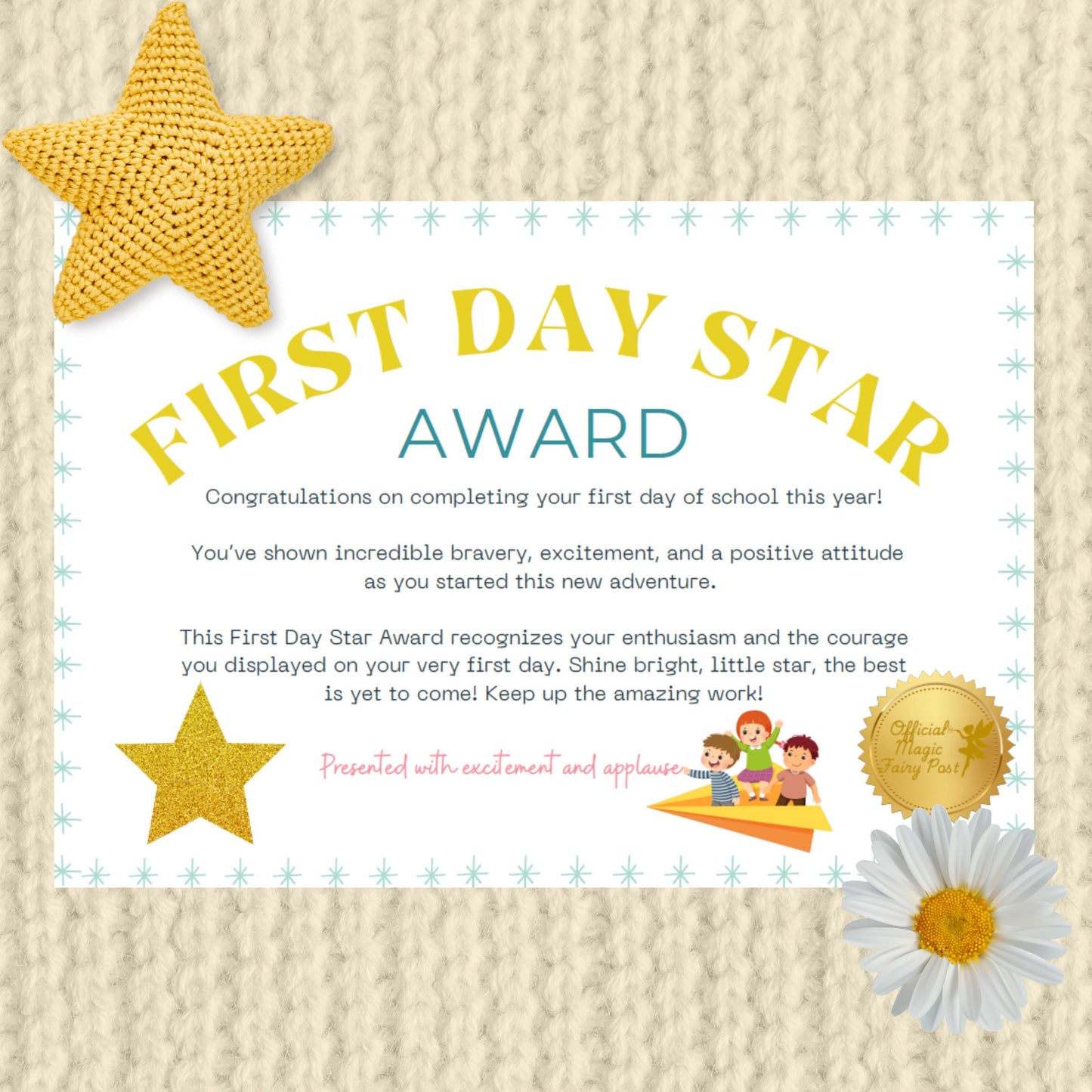 First Day Star Award Certificate - Printable Keepsake (Digital Download)
