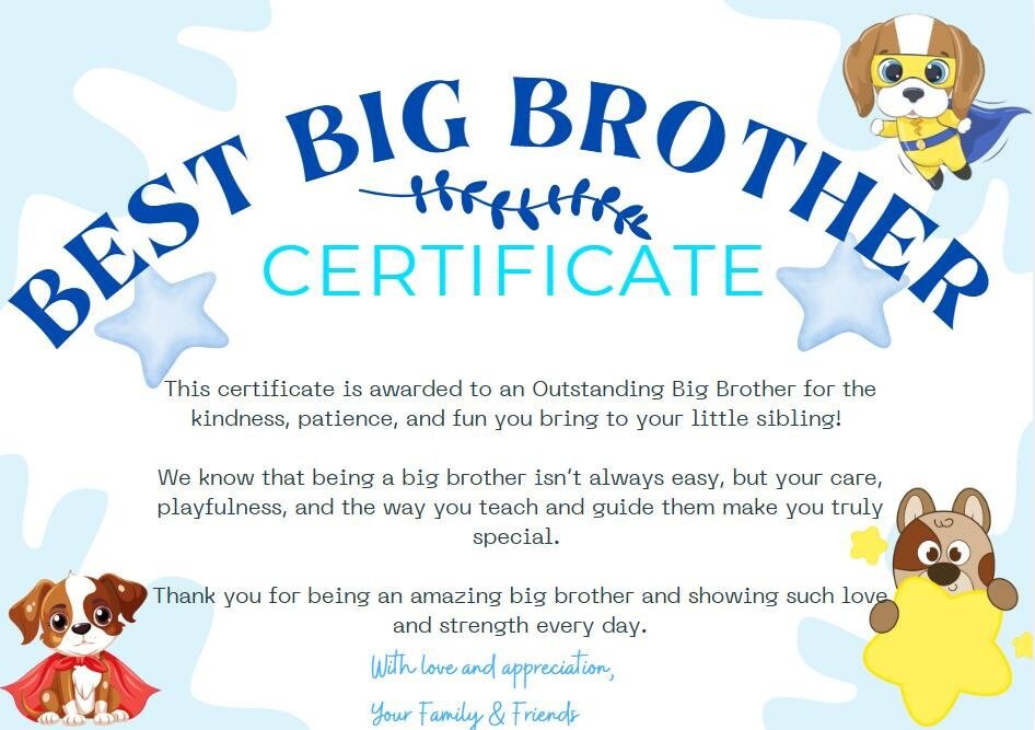Best Big Brother Award - certificate to celebrate children becoming a big brother - milestone birth announcement - new baby - Magic Fairy Post