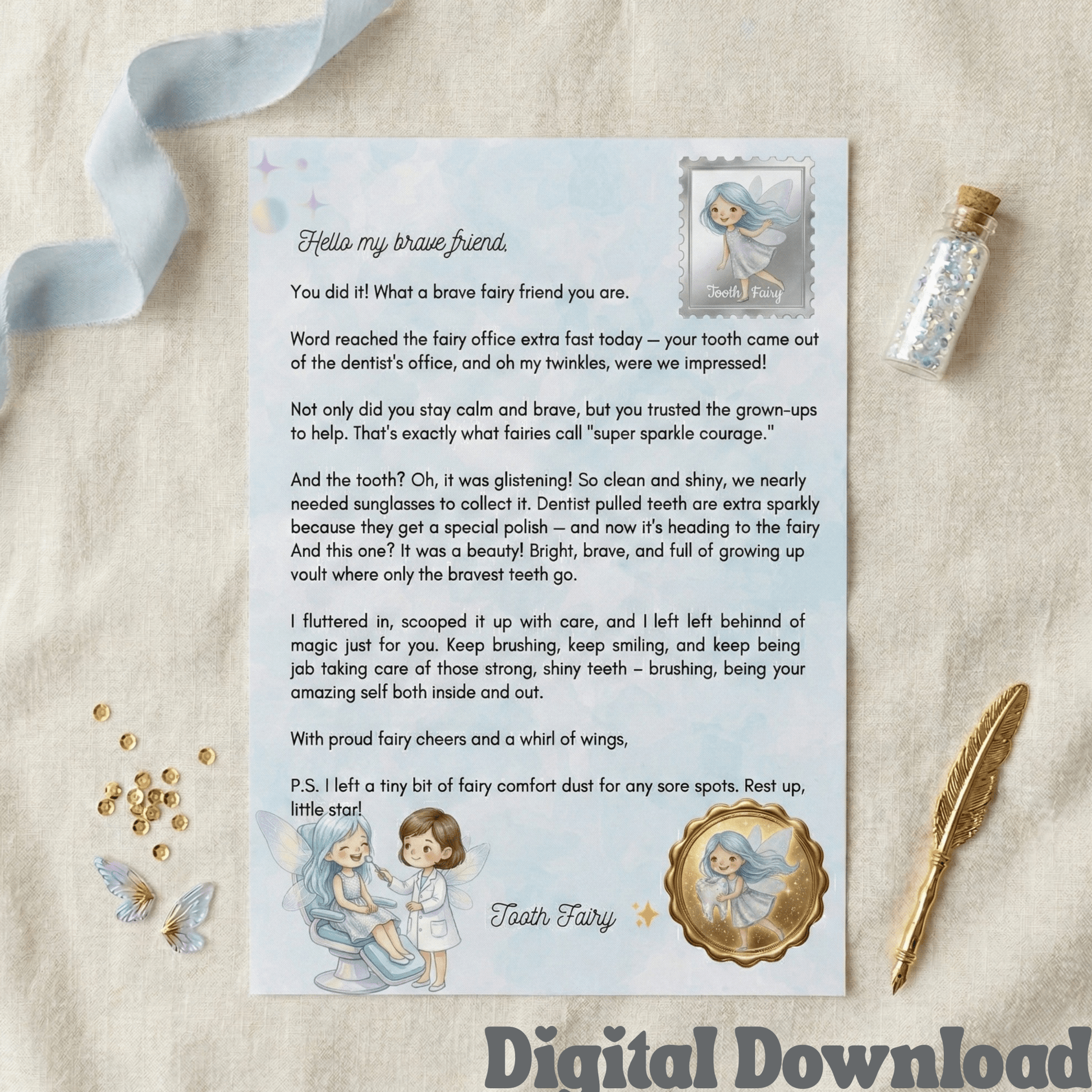 Brave Kids Tooth Fairy Letter: Dentist Visit Magic (PDF Downloadable Note) - Magic Fairy Post
