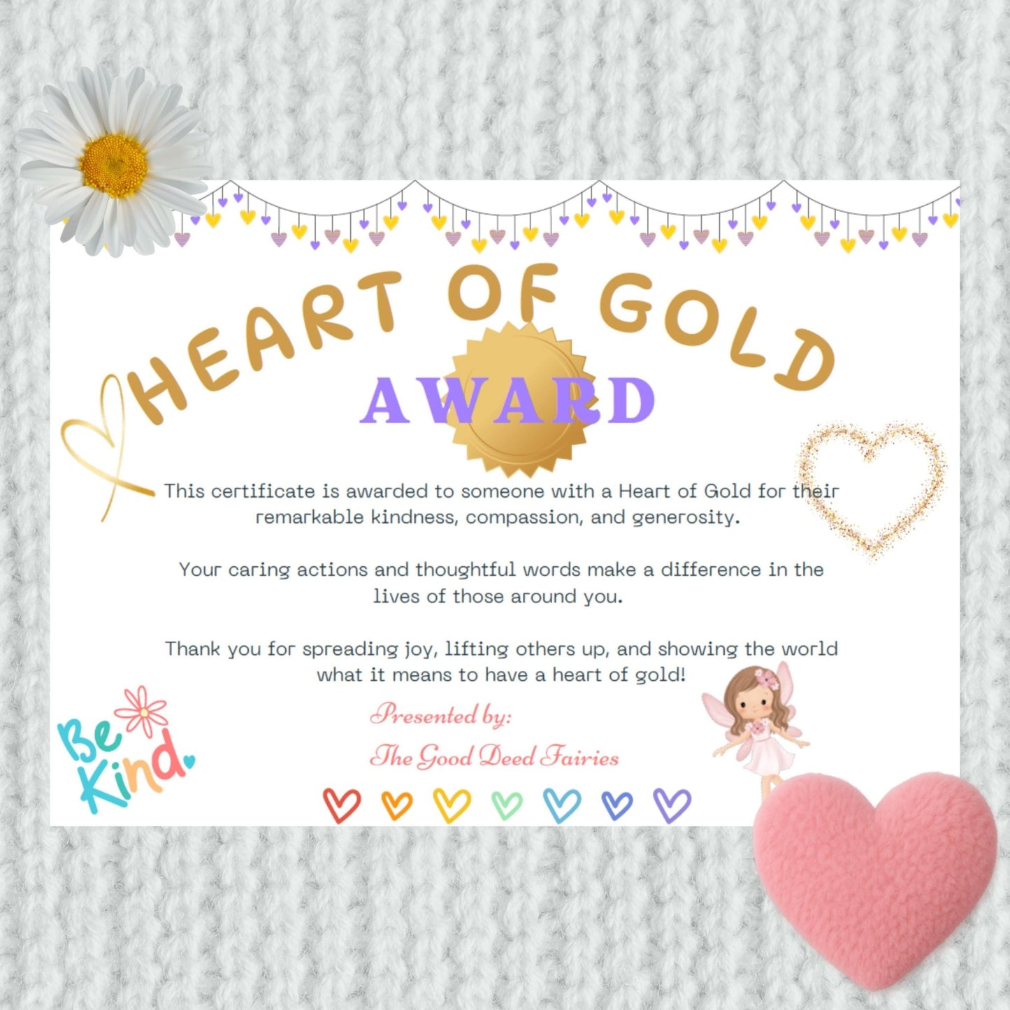 Heart of Gold Award - Certificate - Teacher - School - Reward - Kindness - Certificate for child - Magic Fairy Post