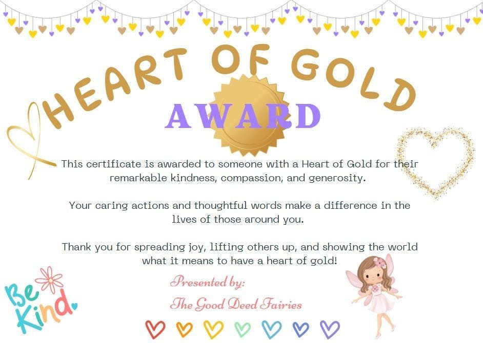 Heart of Gold Award - Certificate - Teacher - School - Reward - Kindness - Certificate for child - Magic Fairy Post