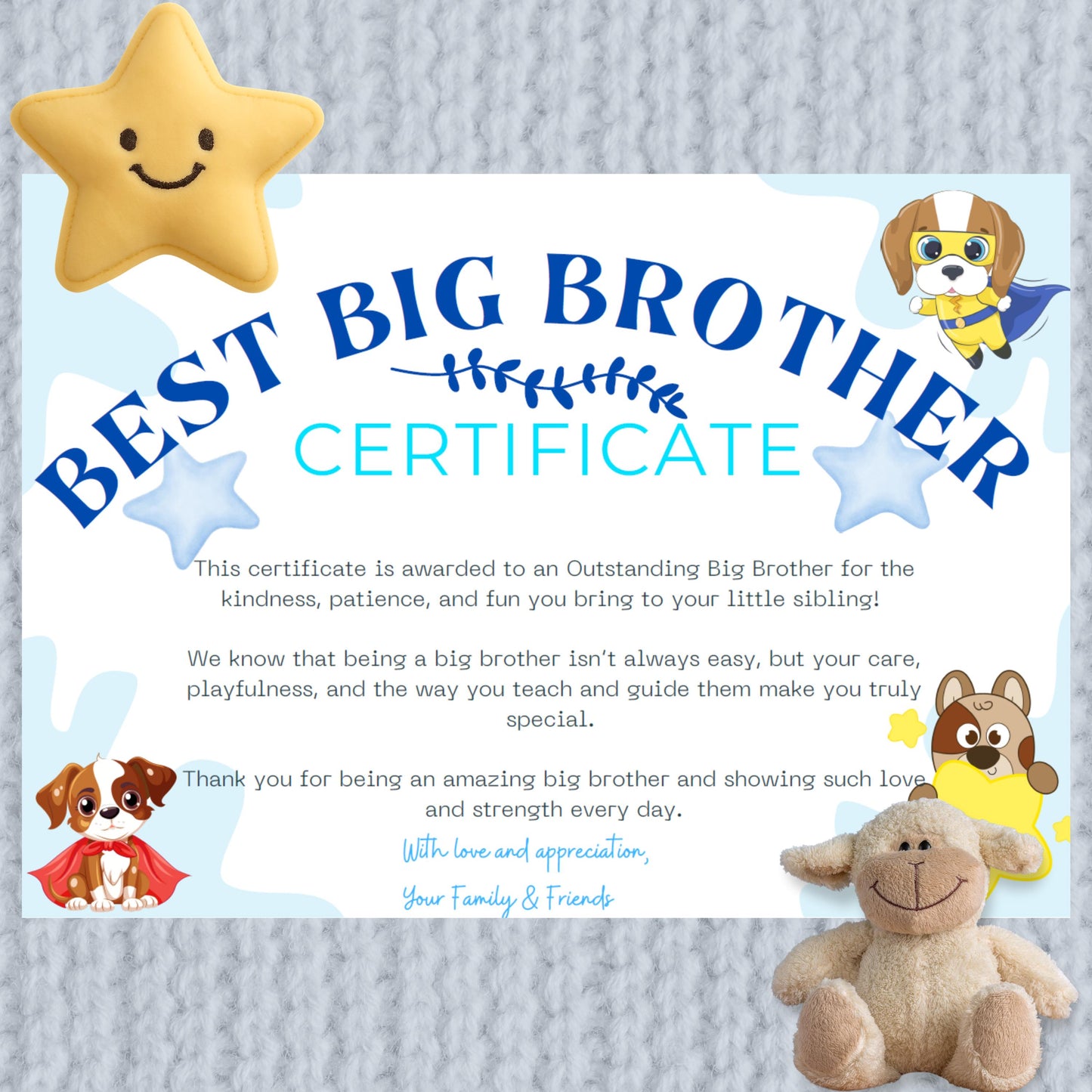 Best Big Brother Award - certificate to celebrate children becoming a big brother - milestone birth announcement - new baby