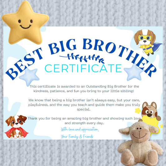Best Big Brother Award - certificate to celebrate children becoming a big brother - milestone birth announcement - new baby
