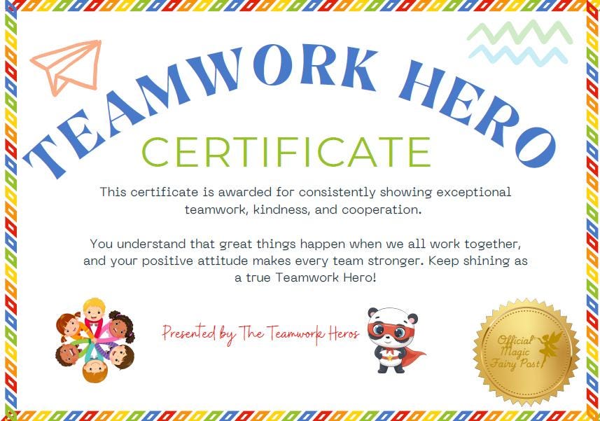 Teamwork Hero Certificate/Award for Children - Magic Fairy Post