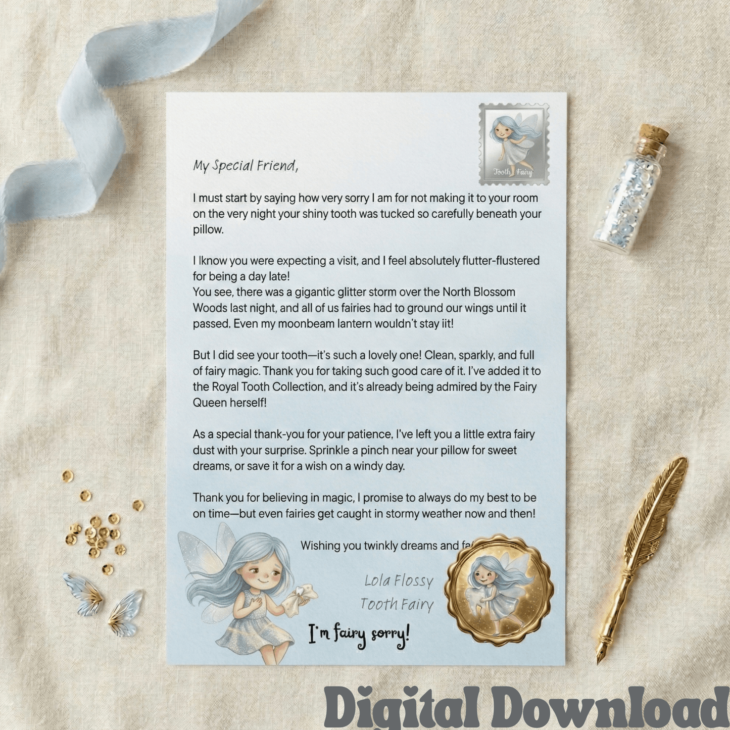 Tooth Fairy Letter - Late Printable PDF | Digital Download - Magic Fairy Post