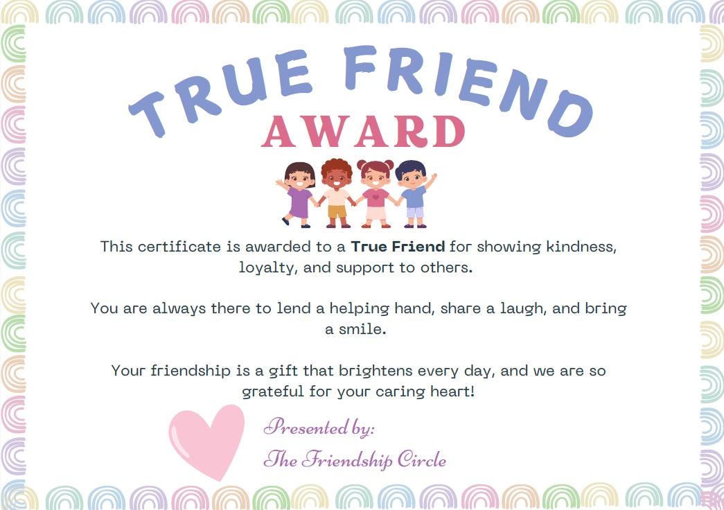 True Friend Award Certificate Teacher Parent Celebrate Friendship Reward Kindness - Magic Fairy Post
